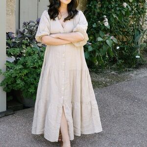 Mango linen puff sleeve button down dress